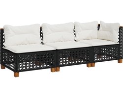 vidaXL - Tuinbank - 3-zits - met - kussens - poly - rattan - zwart