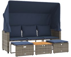 vidaXL - Tuinbank - 3-zits - met - luifel - en - krukken - grijs - polyrotan