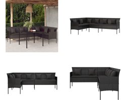 vidaXL - Tuinbank - L-vormig - met - kussens - poly - rattan - zwart