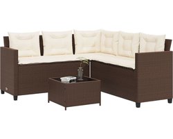 vidaXL - Tuinbank - met - tafel - en - kussens - L-vormig - poly - rattan - bruin