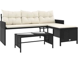 vidaXL - Tuinbank - met - tafel - en - kussens - L-vormig - poly - rattan - zwart