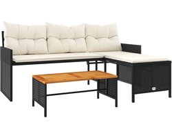 vidaXL - Tuinbank - met - tafel - en - kussens - L-vormig - poly - rattan - zwart