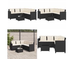 vidaXL Tuinbank met tafel en kussens L-vormig poly rattan zwart - Tuinbank - Tuinbanken - Tuinmeubel - Loungebank Tuin