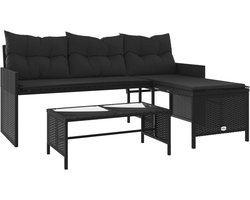 vidaXL Tuinbank met tafel en kussens - L-vormig - Zwart Tuinbank - Pe Rattan - Outdoor Furniture - Lounge Set - Zwarte Tuinbank - Tuinset - Balkon Meubel - Veranda Bank