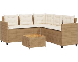 vidaXL Tuinbank - Tuinbanken - Tuinmeubel - Loungebank Tuin - Tuinbank met tafel en kussens L-vormig poly rattan beige