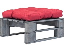 vidaXL - Tuinhocker - met - rood - kussen - pallet - hout - grijs