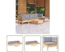 vidaXL Tuinlounge - Loungeset - 6-delige Loungeset met grijze kussens grenenhout - Buitendining - Terrasdecoratie - Hout Meubel