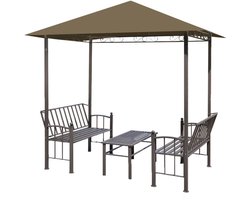 vidaXL Tuinpaviljoen met tafel en bankjes 180 g/m² 2,5x1,5x2,4 m taupe - Tuinpaviljoen - Tuinpaviljoens - Tuin Paviljoen - Tuin Paviljoens