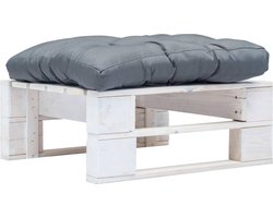 vidaXL - Tuinpoef - met - grijs - kussen - pallet - hout - wit