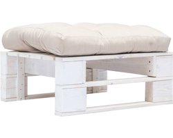 vidaXL - Tuinpoef - met - zandkleurig - kussen - pallet - hout - wit