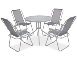 vidaXL Tuinset - 6-delig - Staal en Textileen - Grijs Tuinmeubleset - Buiten Meubels - Lounge Set - Eetkamerstoel - Parasol