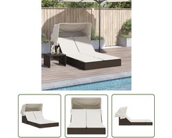 vidaXL Tuinset - Ligbed - Ligbed 2-persoons met luifel en kussens poly rattan bruin - Lounge Set - Buitendecoratie - Relaxstoel