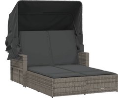 vidaXL Tuinset - Ligbed - Ligbed 2-persoons met luifel en kussens poly rattan grijs - Lounge Set - Buitendrank - Relaxstoel