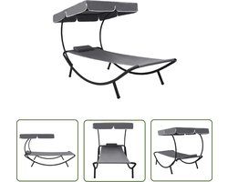 vidaXL Tuinset - Loungebed - Loungebed met luifel en kussen grijs - Buitendecoratie - Lounge Stoel - Balkon Meubel