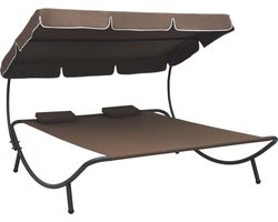 vidaXL Tuinset - Loungebed - Loungebed met luifel en kussens bruin - Lounge Stoel - Outdoor Furniture - Balkon Set