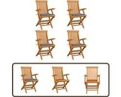vidaXL Tuinstoelen 4 st inklapbaar met grijze kussens Tuinstoelen - Teak Hout - Buitensteun - Lounge Stoel - Klapstoel