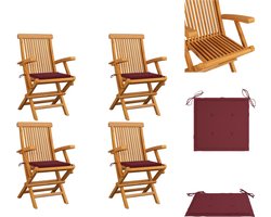 vidaXL Tuinstoelen 4 st met wijnrode kussens massief teakhout - Tuinstoel - Tuinstoelen - Tuin Stoel - Tuin Stoelen