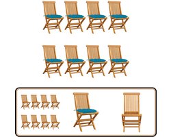 vidaXL Tuinstoelen 8 st met lichtblauwe kussens Tuinstoelen - Teak Hout - Vouwen Stoelen - Buitameubilair - Zitcomfort