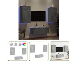 vidaXL Tv-meubel - Tv-kast - 4-delige Tv-wandmeubelset met LED bewerkt hout betongrijs - Wandmeubel - Led Verlichting - Beton Grijs