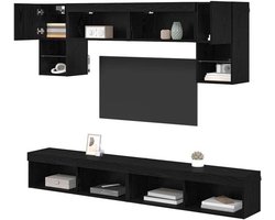 vidaXL TV Wand Eenheden met LED 6 pcs Zwart Eiken Bewerkt hout, Moderne woonkamer, rechthoekige TV-kast, stevige mediaconsole, veel opbergruimte, wandmeubel voor thuis