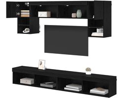 vidaXL TV Wand Eenheden met LED 6 pcs Zwart Eiken Bewerkt hout, Moderne woonkamer, rechthoekige TV-kast, stevige mediaconsole, veel opbergruimte, wandmeubel voor thuis