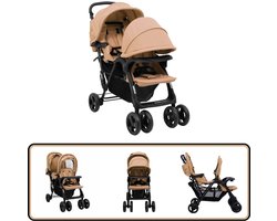 vidaXL Tweelingkinderwagen - Staal - Taupe/Zwart Tandem Kinderwagen - Tweelingwagen - Kinderwagen Staal - Kinderwagen Taupe - Dubbel Kinderwagen