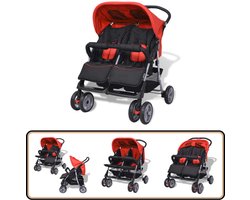 vidaXL Tweelingwagen - Staal - Rood en Zwart Tweelingwagen - Kinderwagen - Babywagen - Wandelwagen - Luxe Kinderwagen