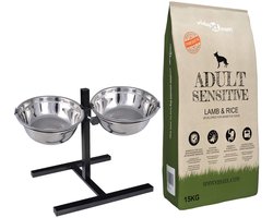 vidaXL - Voederstand - en - kom - met - hondenvoer - Zilver - en - Zwart - 57,5 - x - 26 - cm