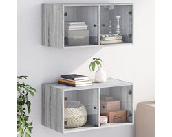 vidaXL Wandkasten - Hangende Opbergkasten - Wandkasten met glazen deuren 2 st 68,5x37x35 cm grijs sonoma - Grijze Kast - Houten Kast - Opbergoplossing
