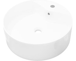 vidaXL - Wasbak - met - overloop, - keramiek, - rond, - wit