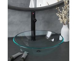 vidaXL Wastafel - Badkamermeubilair - Wastafel met kraan en pop-up afvoer gehard glas transparant - Glazen Wastafel - Transparante Wastafel - Zwarte Wastafel