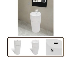 vidaXL Wastafel Keramiek - Wit - Rond - Met Overloop Staande Wastafel - Keramische Wastafel - Wastafel Wit - Badkamermeubel - Sanitair