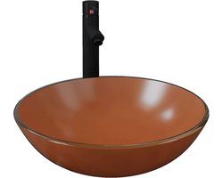 vidaXL - Wastafel - met - kraan - en - pop-up - afvoer - gehard - glas - bruin