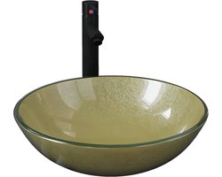 vidaXL - Wastafel - met - kraan - en - pop-up - afvoer - gehard - glas - goudkleurig