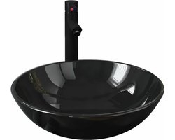 vidaXL - Wastafel - met - kraan - en - pop-up - afvoer - gehard - glas - zwart