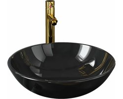 vidaXL - Wastafel - met - kraan - en - pop-up - afvoer - gehard - glas - zwart