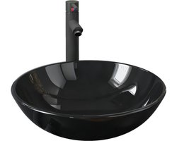 vidaXL - Wastafel - met - kraan - en - pop-up - afvoer - gehard - glas - zwart