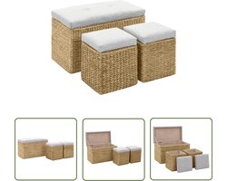 vidaXL Zeegras Meubels - Bankstel - Bankje met 2 poefs zeegras grijs - Loungehoek - Relaxstoel - Tuinmeubilair