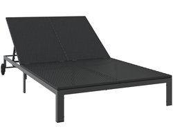 vidaXL - Zonnebed - met - Kussens - en - Wielen - voor - 2 - Personen - Zwart - Poly - Rattan