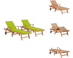 vidaXL Zonnestoel - Zonnestoelen - Zonnebed - Zonnebedden - Ligbedden 2 st met heldergroene kussens massief teakhout