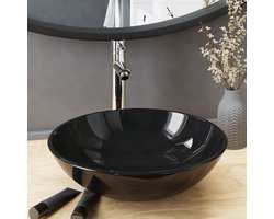 vidaXL Zwarte Wastafel - Badkamermeubel - Wastafel met kraan en pop-up afvoer gehard glas zwart - Glazen Wastafel - Design Wastafel - Luxe Wastafel