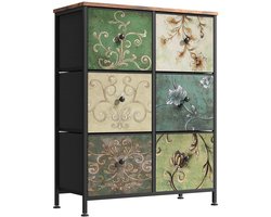 VIEMAE Ladekast - Ladenkastje - Dressoir - Opbergkast - Bloemen - 6 lades - Metalen frame, stoffen lades, houten blad - 67,5x30x86,5 cm