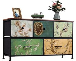 VIEMAE Ladekast - Ladenkastje - Dressoir - Opbergkast - Opbergkasten - Bloemen - 5 lades - Metalen frame, stoffen lades, houten blad - 100x30x55,2cm - Groen