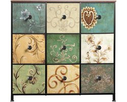 VIEMAE Ladekast - Ladenkastje - Dressoir - Opbergkast - Opbergkasten - Bloemen - 9 lades - Metalen frame, stoffen lades, houten blad - 100x30x100cm - Groen