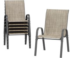 VIEMAE Tuinstoelen - Tuinstoelen stapelbaar - Set van 6 - Stapelstoelen - Terrasstoelen - Hoge rugleuning - Metalen frame - Beige, bruin