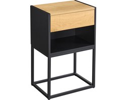 Vienna Nachtkastje Met Lade en Open Vak - Metaal Bijzettafel - Salontafel - Houten Metaal - zwart Eiken - 42×30×65cm