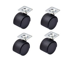 Vier 1,5-inch platte zwenkwielen (met en zonder remmen) voor kasten, salontafels, bloemenstandaards, transportkarren en andere toepassingen die bestand moeten zijn tegen hoge druk.