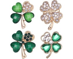 Vier groene strass broches - kleine klaver broche - vestclip - sjaalclip van legering met strasssteentjes - symbool van geluk - geschikt voor banketten/feesten/bruiloften