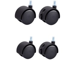 Vier meubelwielen, dubbele wielenset, 29 mm diameter, met M8 x 13 mm bouten (2 zonder remmen, 2 met remmen), zwart.