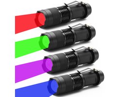 Vier mini-ledzaklampen met instelbare focus en waterdicht ontwerp, met clips, groen/rood/paars/blauw licht, geschikt voor kamperen, nachtvissen, wandelen, nachtzicht, astronomische observaties, noodgevallen en dagelijks gebruik.